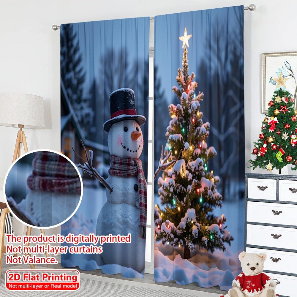 2pcs 2D Flat Printing Merry Christmas Popular Window Curtains Winter Snowman Christmas Tree Polyester Without Electricity Party