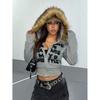 Sweat à capuche oversize court pour femme avec bordure marron pelucheuse Streetwear Pull