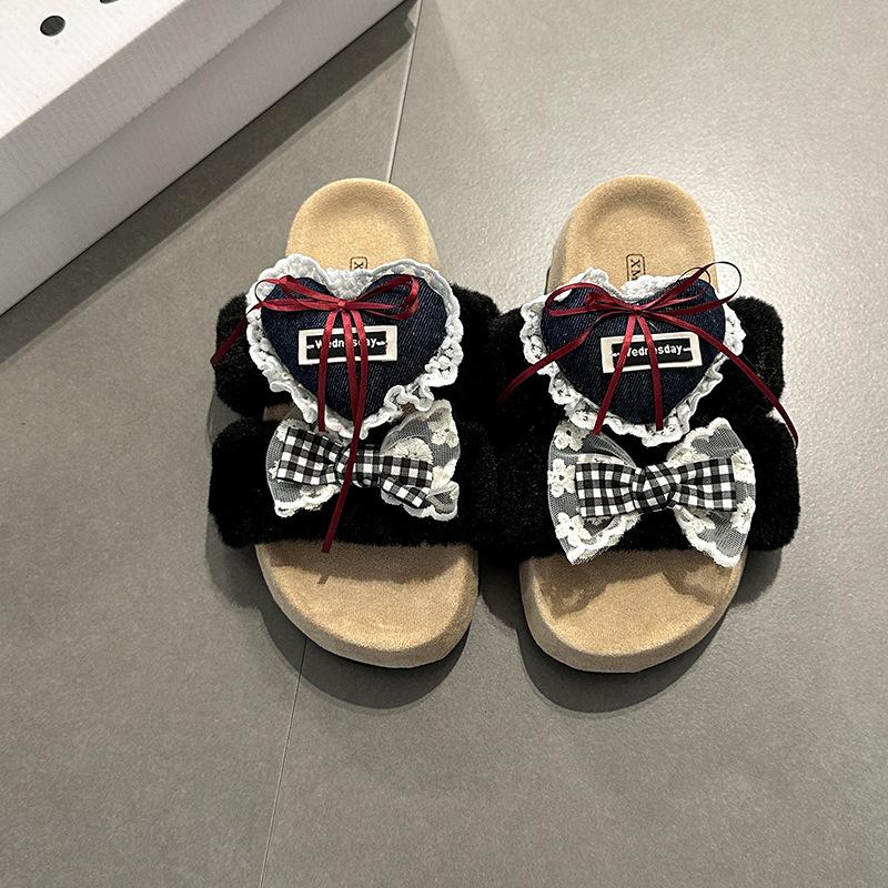 Girls' heart bow fashion fluffy shoes women's autumn and winter new thick-soled heightening cotton slippers
