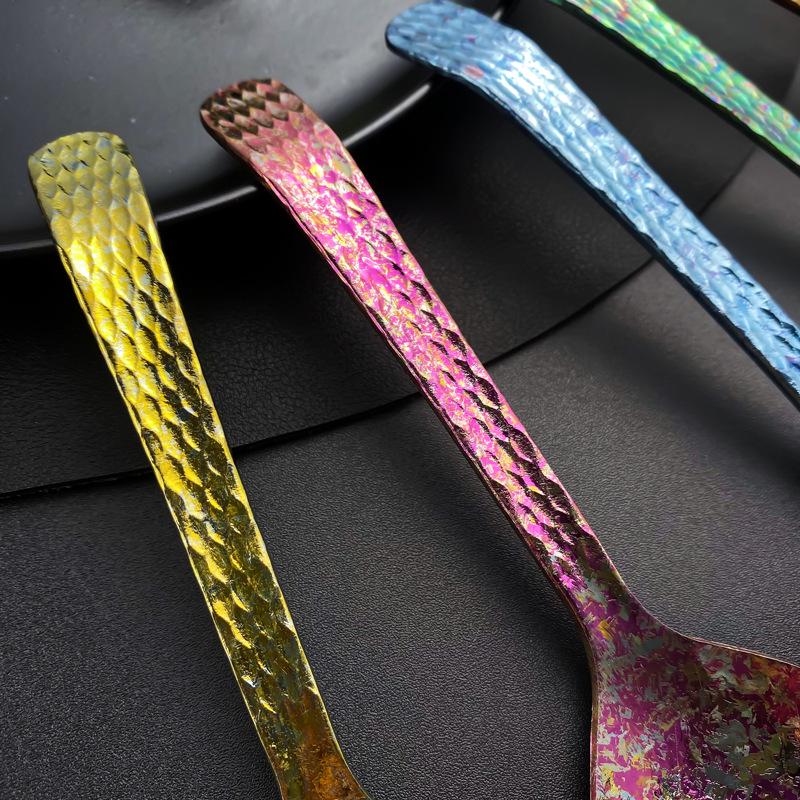 Crystal-Colored Pure Titanium Antibacterial Soup Spoon with Hammered Large Round Head