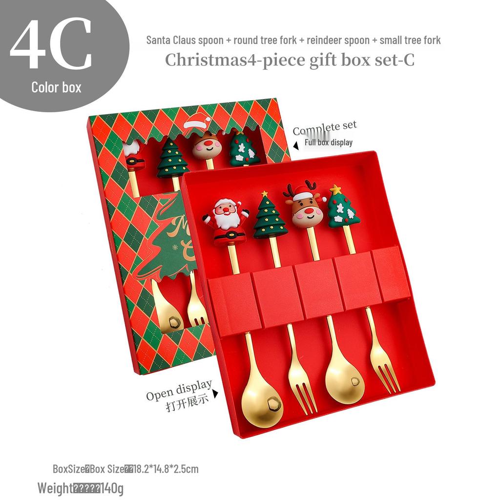 Cross-Border Christmas Stainless Steel Fork & Spoon Gift Set - Reindeer & Snowman Cartoon Pattern Dessert Gold Cutlery