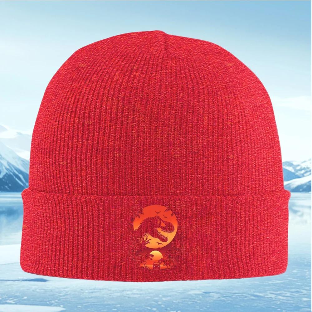 Dinosaur silhouette sunset trees birds vehicle Unisex Women Unisex Knitted Hat Beanie Pullover Cap Winter Thermal Warm Christmas Ou