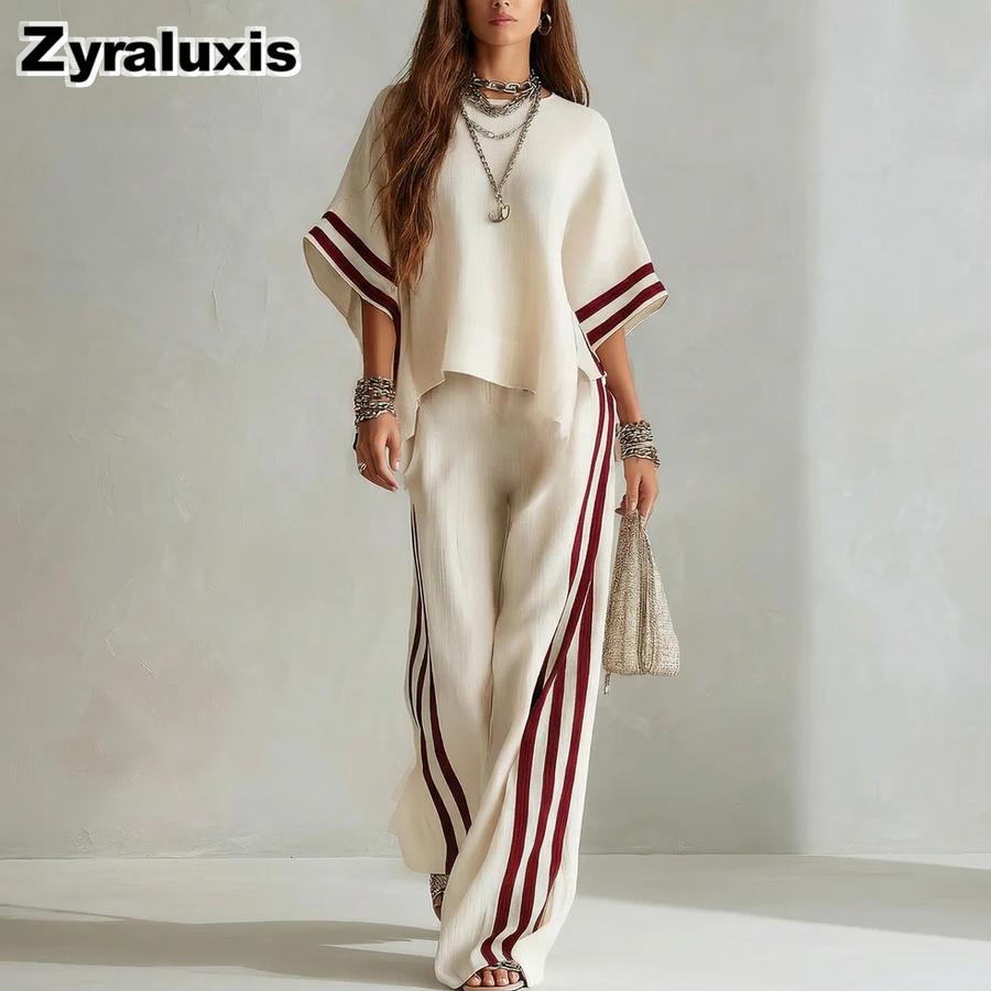 Summer New Women's Striped Patchwork Irregular Hem Casual Wide Leg Pants Two Piece Set