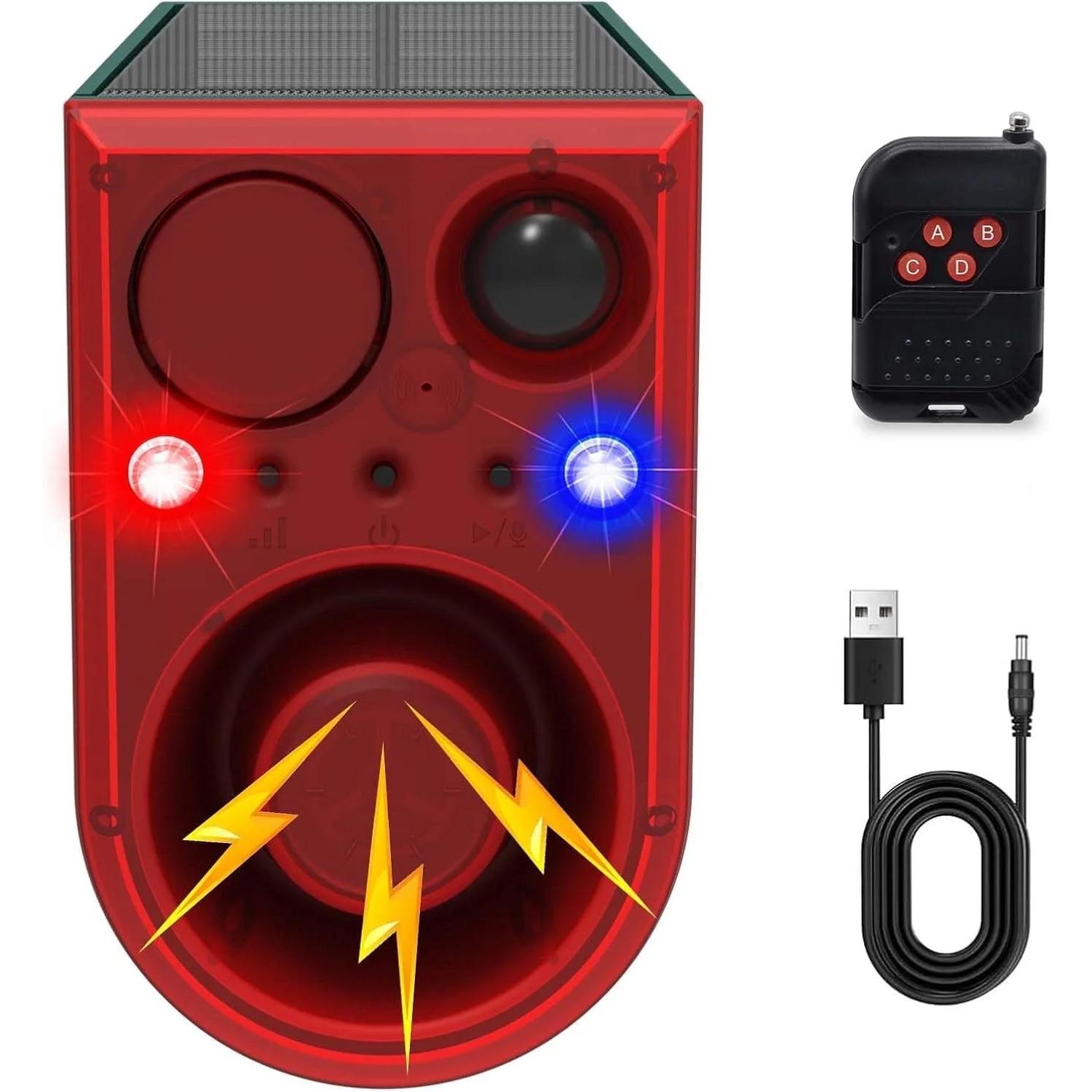 

Солнечная уличная сигнализация с датчиком движения, с 13 звуками для улицы, светодиодный красный и синий мигающий предупреждающий стробоскоп и громкая сирена 130 дБ, поддержка записи красный