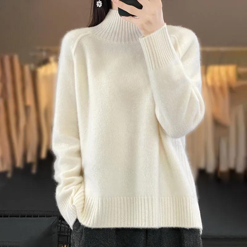 Autumn and Winter  Women's High-Necked Cashmere Sweater Soft Thickened Lazy Raglan Sweater with Slit  Pullover Loose Top