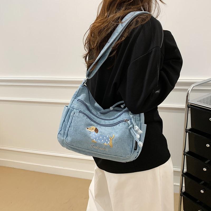 Denim Vintage Shoulder Bag Women Embroidered Cat Crossbody Bag