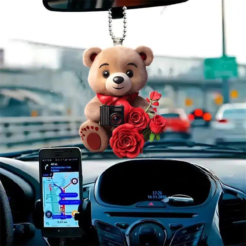 Cartoon Cute Style Bear Rose Christmas Tree Acrylic Car Decoration For Festive Cheer