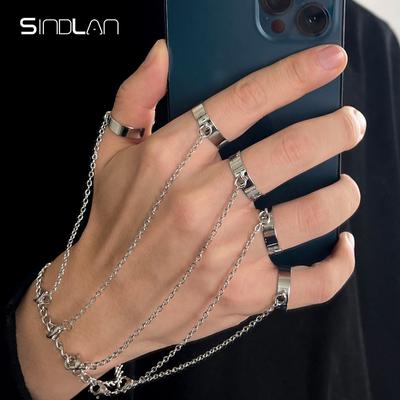 Sindlan Punk Geometrische Zilveren Kleur Ketting Polsband voor Mannen Ring Charm Set Koppel Emo Mode Sieraden Geschenken