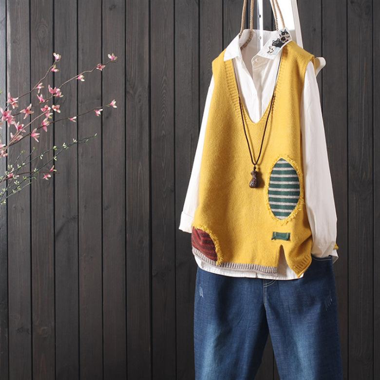 Autumn Winter Women's Loose Knitted Vest Sleeveless Vest Literary Color-block V-neck Pullover Knit Waistcoat
