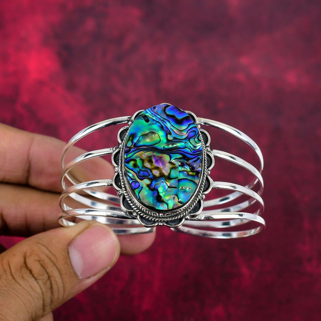 Abalone Shell Bangle 925 Solid Sterling Silver Jewelry, Handmade Gemstone Bangle Jewelry, For Wedding Gift
