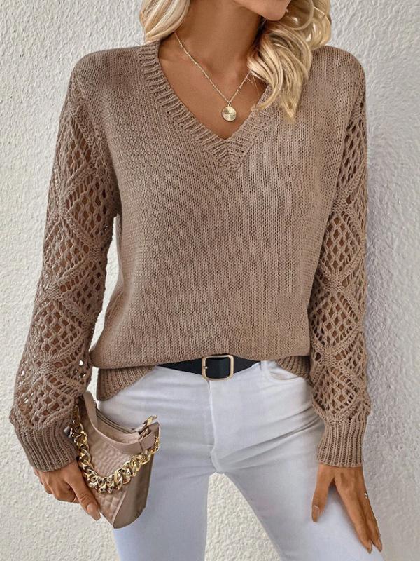 Spring and Autumn Knitted Sweater Foreign Trade Women's Clothing Temperament V-neck Hollow Long-sleeved Solid Color Casual Top