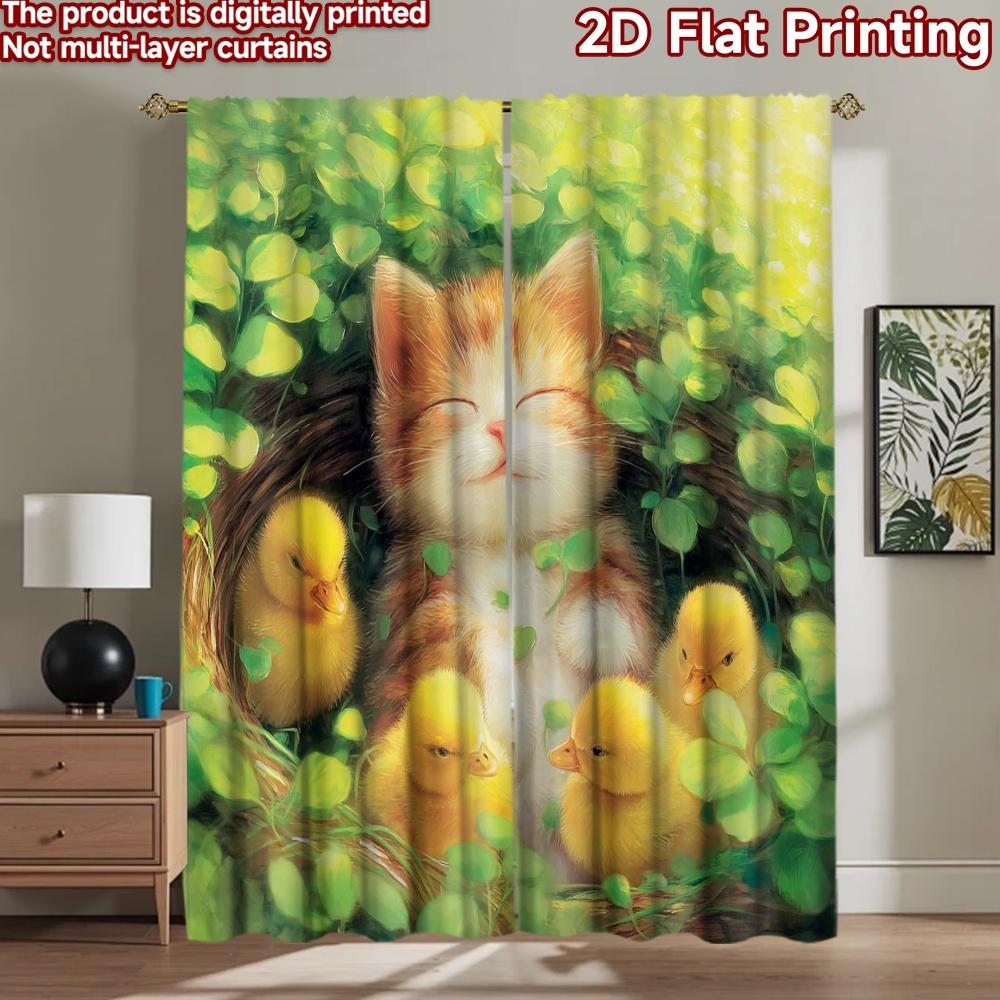 2D flat printing 2pcs Party Curtain Cute Cat Ducks Digital Printed Polyester Drapes Festive Holiday Use for Photo Booths &