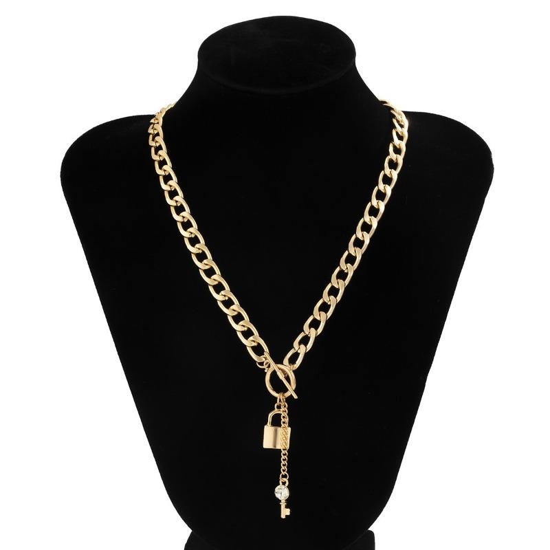 Jewelry Punk Thick Chain Lock Key Pendant Necklace Micro-Inlaid Chain Geometric Necklace
