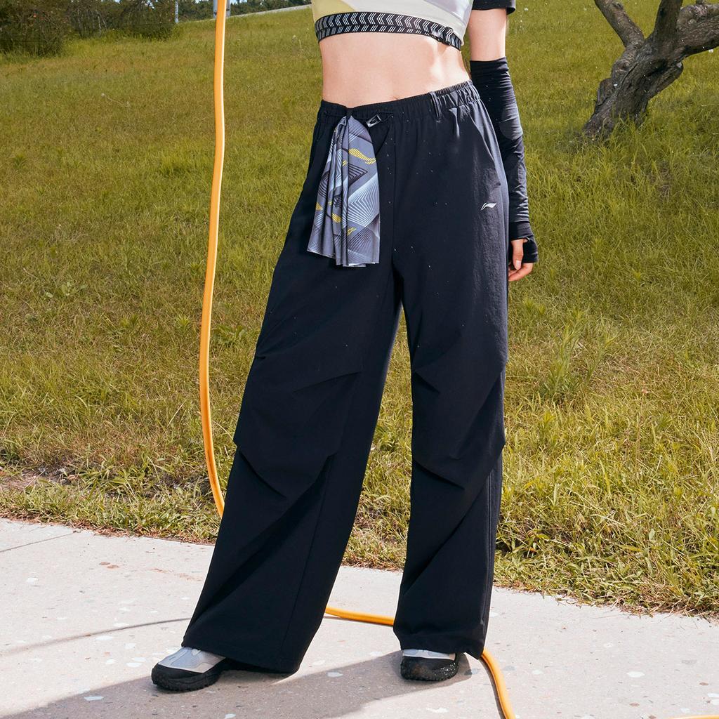 Li Ning Fitness Series Straight Loose Solid Color Mid Waist Knitted Sports Pants Women Bottoms Black AYKU730-1