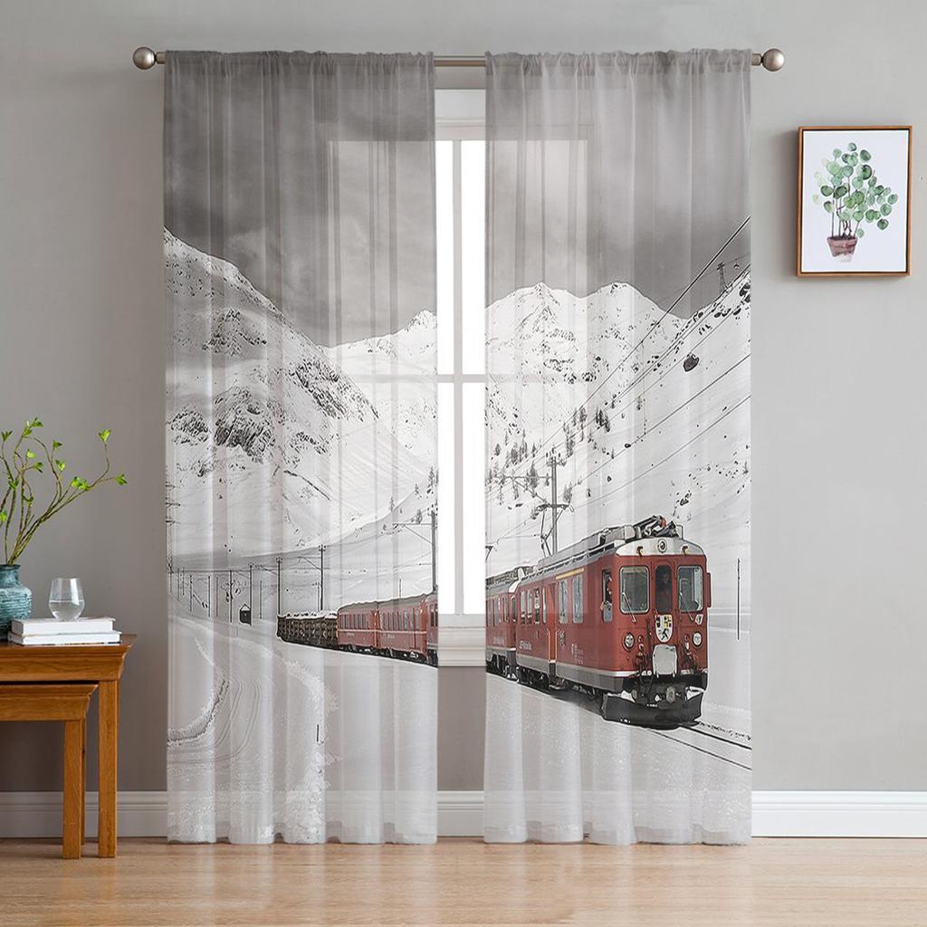 Winter Snow Mountain Morning Scenery House Tulle Curtains Living Room Bedroom Kitchen Decor Chiffon Sheer Voile Window Curtains