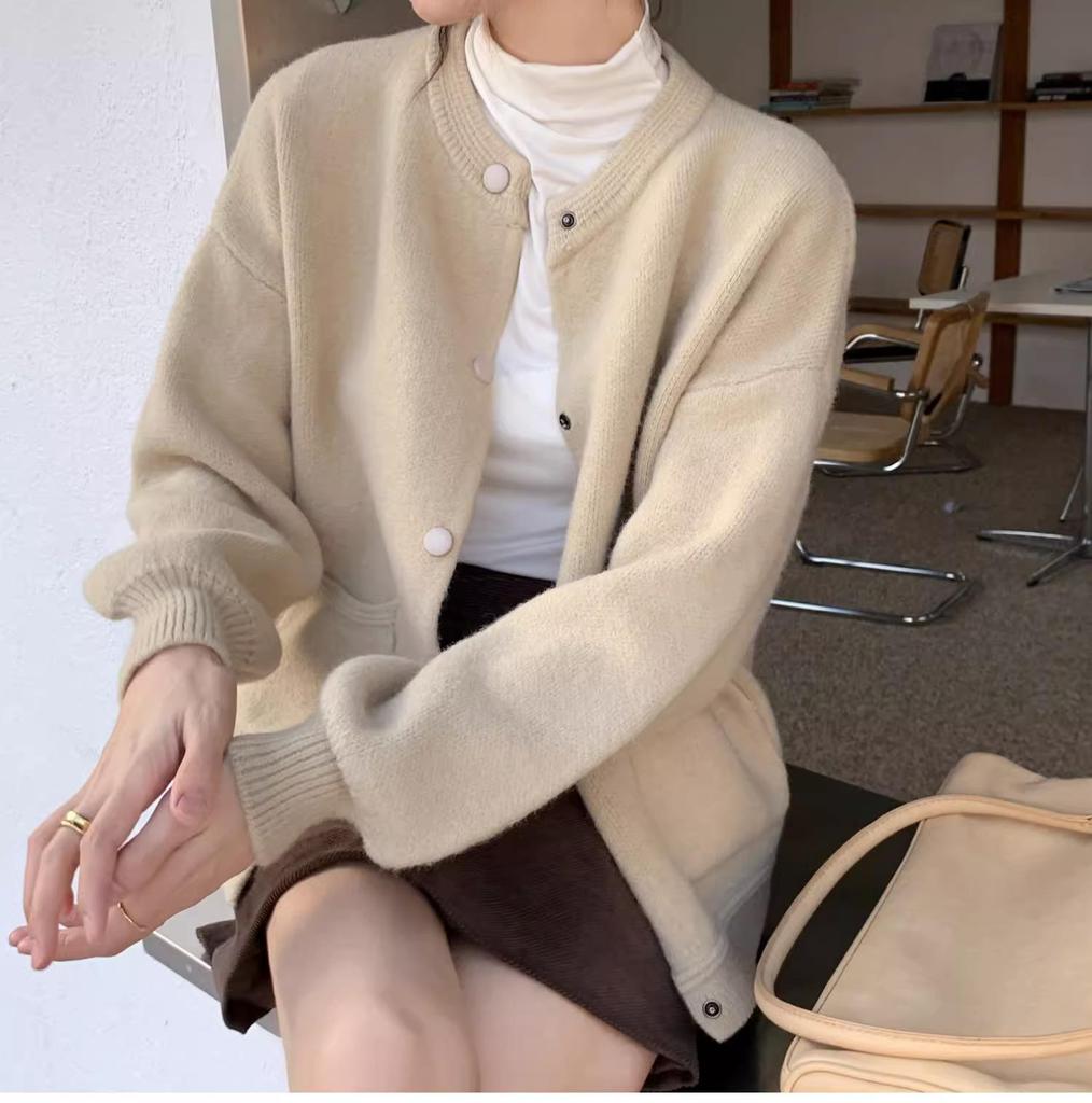 Women's Pink Korean-Style Loose Fit Cardigan - Soft, Long-Sleeved, Perfect for Autumn and Winter