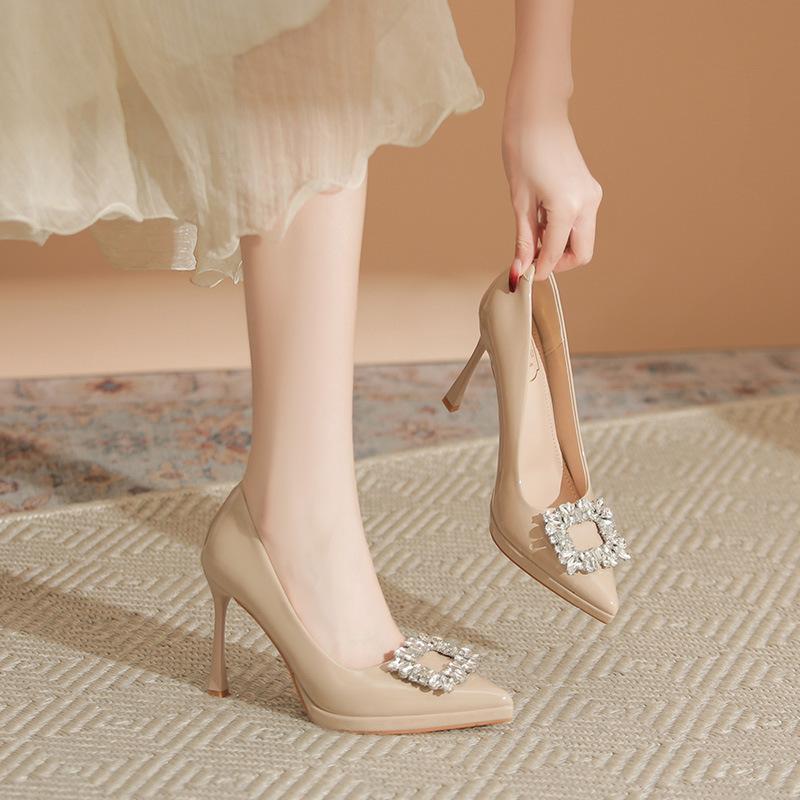 Rhinestone Square Buckle Patent Leather High Heels Women's Pointed Head Thin Heel Waterproof Table Black Temperament Royal Sister Wind Shallow Mouth