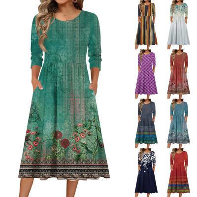 Sukienka damska z rękawem 3/4, codzienna, zwiewna, w kształcie litery A, midi, sukienka T-shirtowa z kieszeniami, z okrągłym dekoltem, wakacyjna, boho, plażowa sukienka letnia