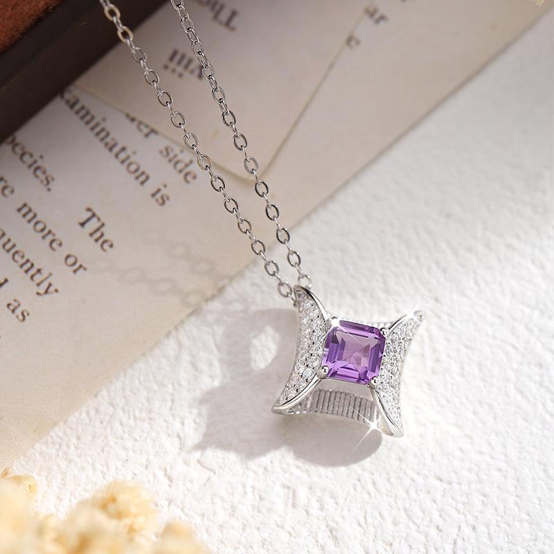 S925 reines Silber natürliche gelbe Granat Halskette, quadratischer Sternförmiger Kristall Anhänger, luxuriöser Schmuck mit gebürsteter Handwerkskunst, Geschenk