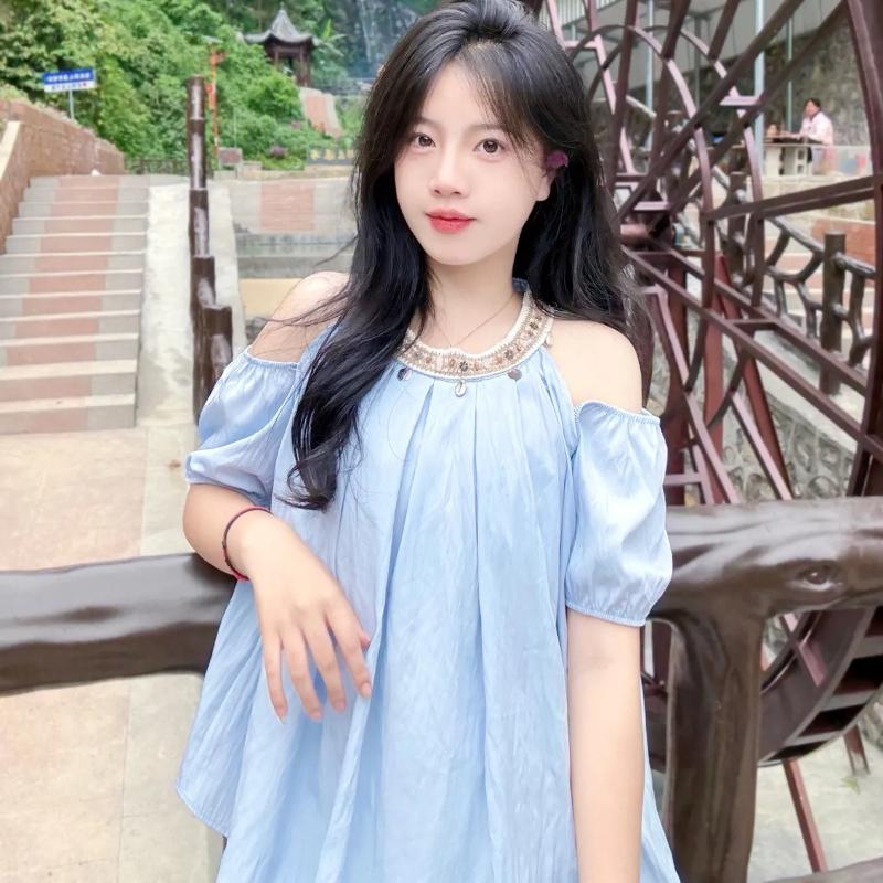 Beach Holiday Blue Blouse Women Off Shoulder Loose Top with Beads Round Neck