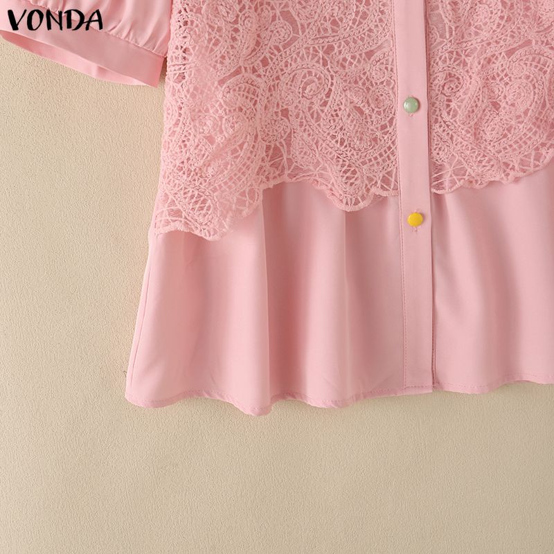 VONDA Women Short Sleeve Front Lace Crochet Casual Ruffled Blouse Shirts Tops