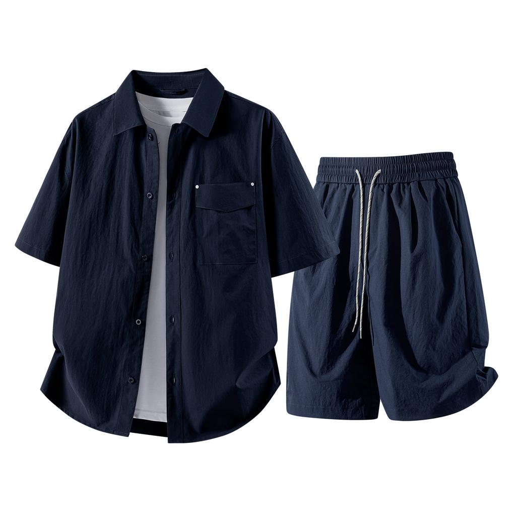Summer Solid Color Basic Versatile Ice Silk Set Men's Shirt Short Sleeved Set Men's Two-piece Set