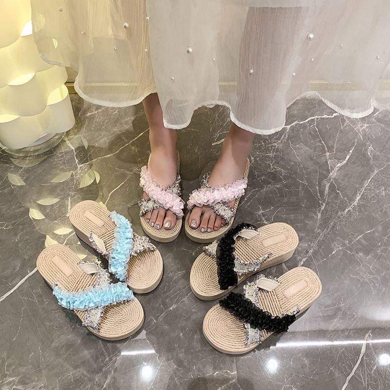 Fashion Cute Ins Muffin Retro One-word Drag Small Fragrant Style Thick-bottomed Wedge Slippers Outer Wear 2025 Summer and Autumn New Models