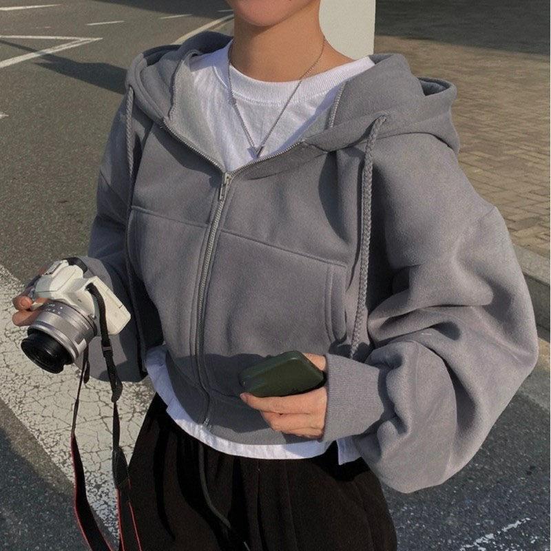Mote Genser med glidelås og hette Dame Casual Langermet Cropped Topper Y2K Hettegensere Streetwear Harajuku Jakker