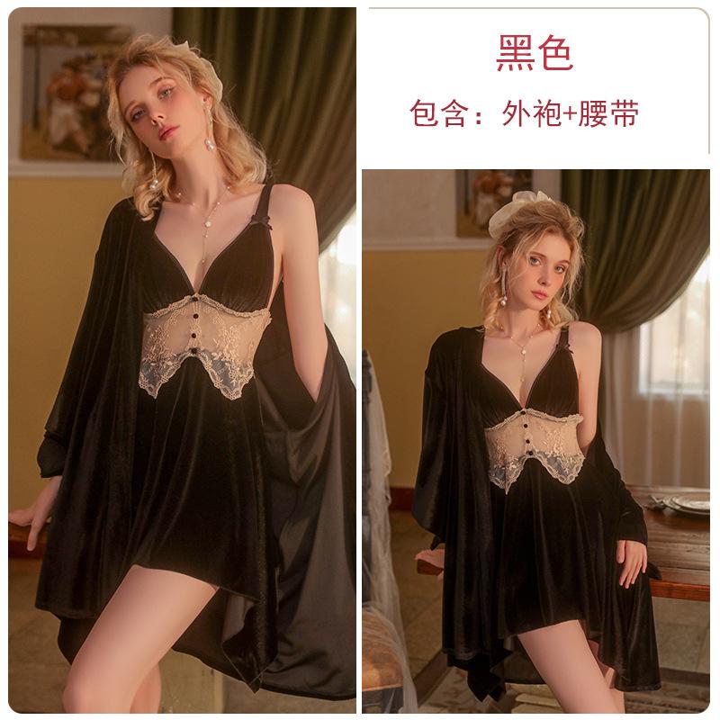 Women's Velvet Padded Backless Cami Sleep Dress with Robe Lounge Set