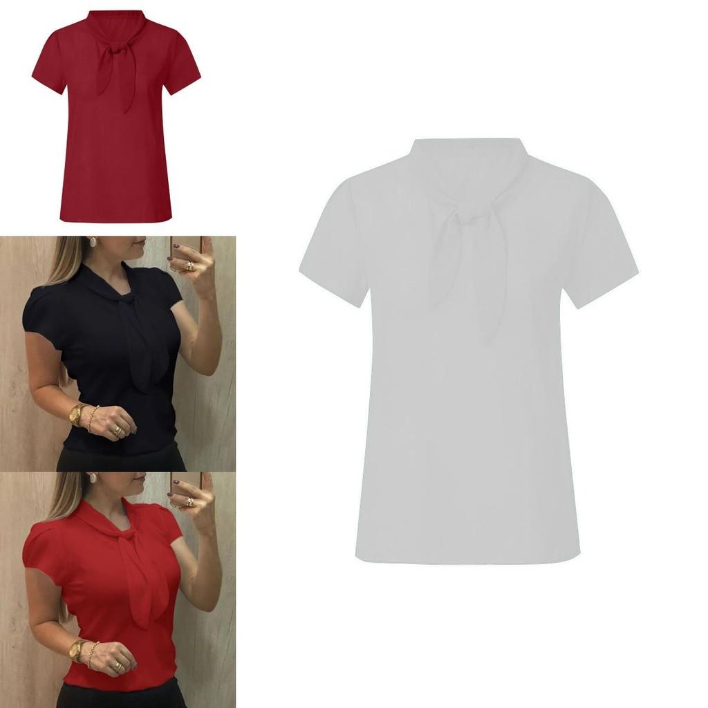 Elegant Women Short Sleeve Bow Chiffon T Shirt Blouse With Breathable Comfort For Ladies