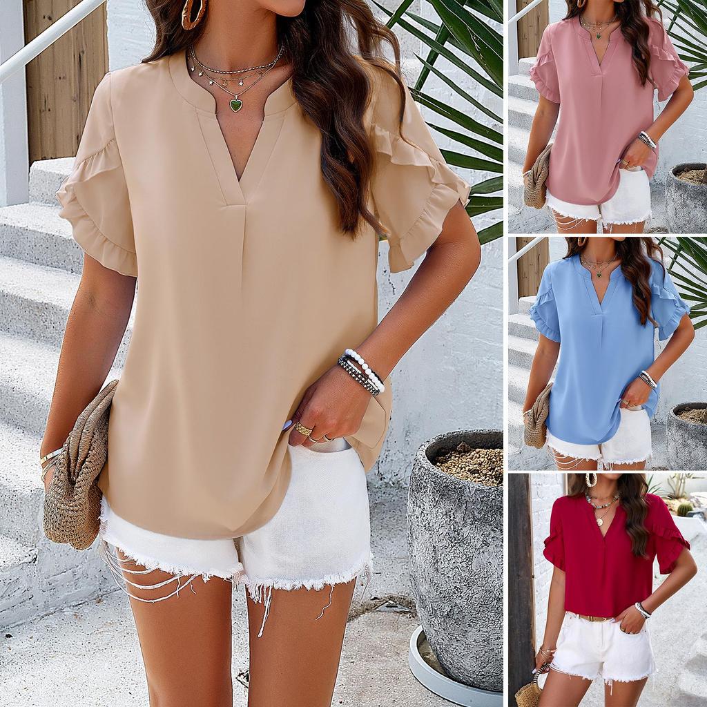 2026 Spring/Summer Women's V-neck Short-sleeved Casual Top - Elegant European and American Style