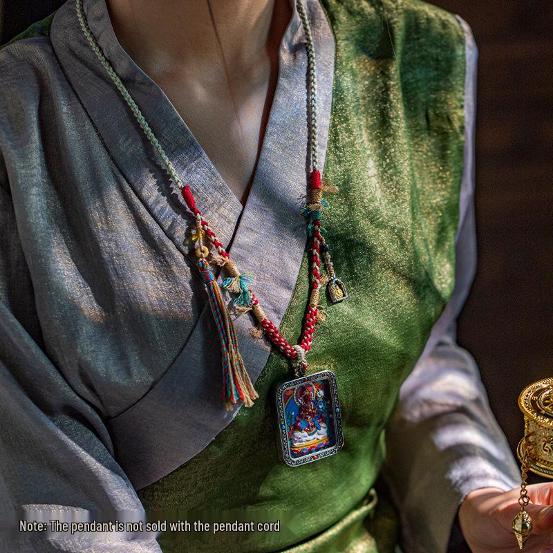 Tibetan Eight Treasures Compass Pendant Necklace with Braided Rope Amulet