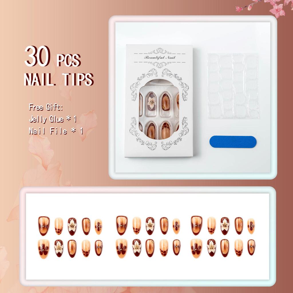 30-Piece Set: Trendy 3D Brown Flower Gradient French Almond Nail Art Tips