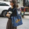 Denim Bag Women's Embroidered Alphabet Harbor Style Commute Shoulder Tote Bag Art Student Class Book Bag