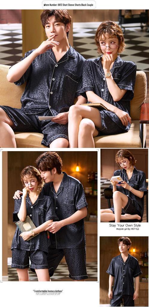 Summer Red Pajama Set for Couples: Ice Silk Zodiac Short Sleeve & Long Pants