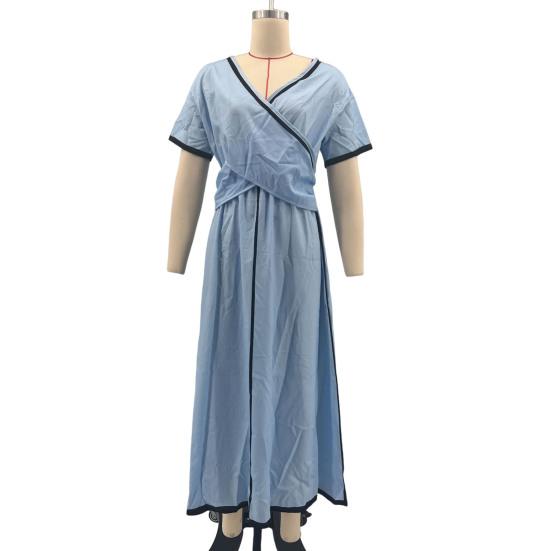 Maxi Robe d'Été pour Femmes Rayée Manches Courtes Col en V Robe évasée Décontractée Vacances à la Plage Fluide Robe d'été coupe A