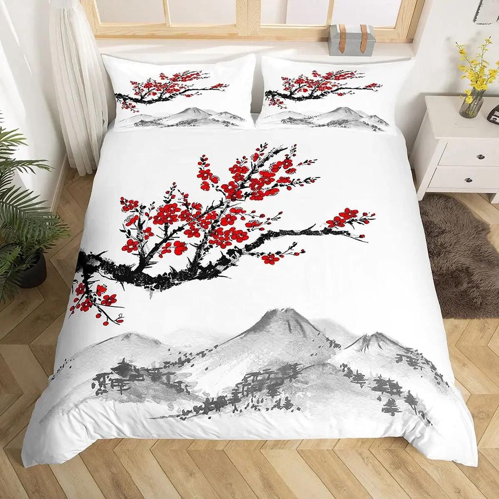 Cherry Blossoms Duvet Cover King/Queen Size,Japanese Sakura Tree Pink Floral Spring Vintage Cultural Bedding Set For Women Girls
