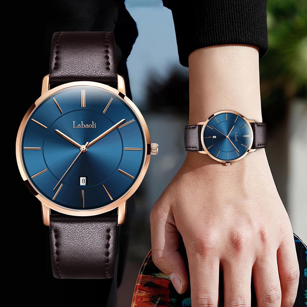 Simple Fashion Casual Business Watch Japanese Quartz Movement 40mm Dial Genuine Leather Band Unisex Band Rose Gold Case Blue Men's Ultra-thin 6.5MM