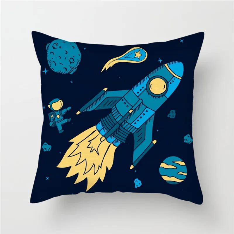 Cartoon Astronaut & Rakete Raumschiff Kissenbezug Deko Weltraum-Thema Kissenhülle für Sofa Schlafzimmer, Galaxie-Druck Kissenbezug