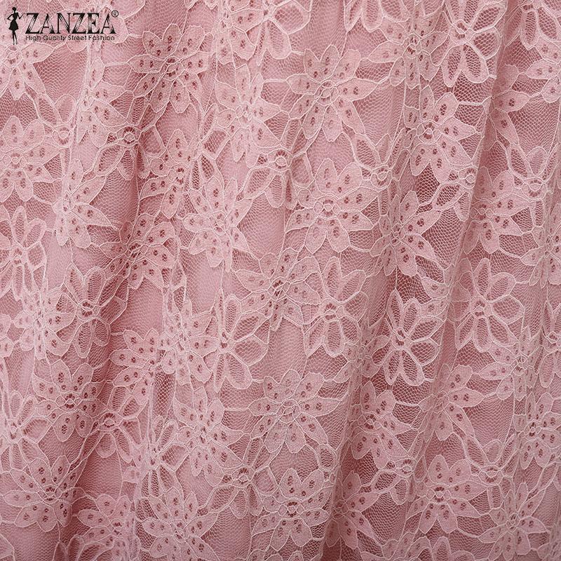 ZANZEA Women Casual Round Neck Short Sleeve Elegant Lace Patchwork Dress