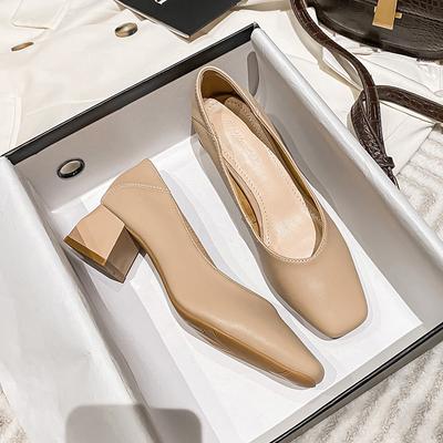 Coarse Heel Grandma Shoes Women's Spring New Fairy Shoes Gentle Middle Heel Single Shoes Shallow Mouth Square Head Commuter Work Shoes