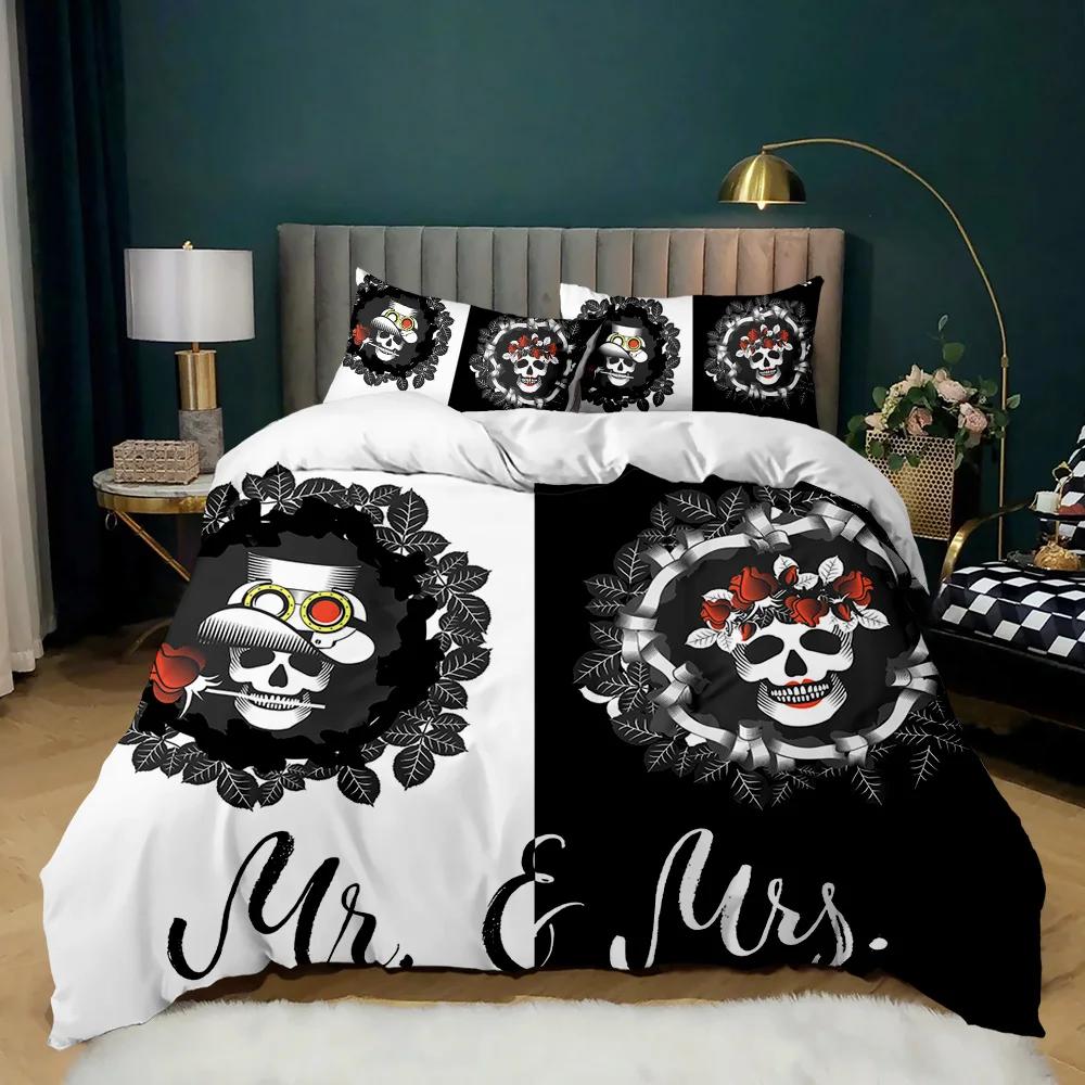 Skull Duvet Cover Set Rose Twin Skeleton Kiss Comforter Cover Teens Gothic Skeleton Double Queen King Size Polyester Qulit Cover