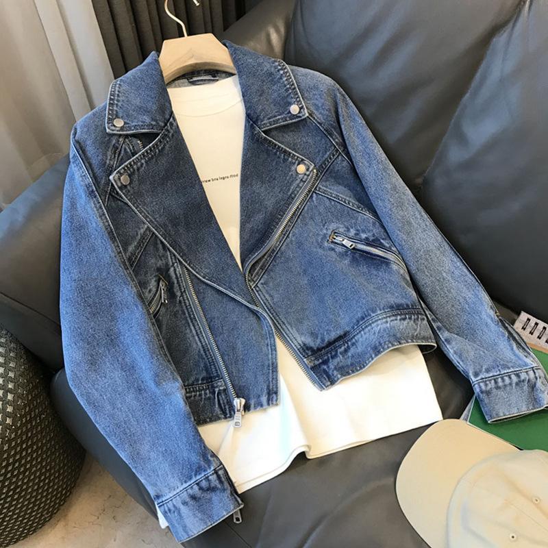 Wiosna Jesień Kobiety Casual Denim Kurtka Damska Moto Biker Płaszcz Vintage Lapel Kurtka Z Zamkiem Błyskawicznym