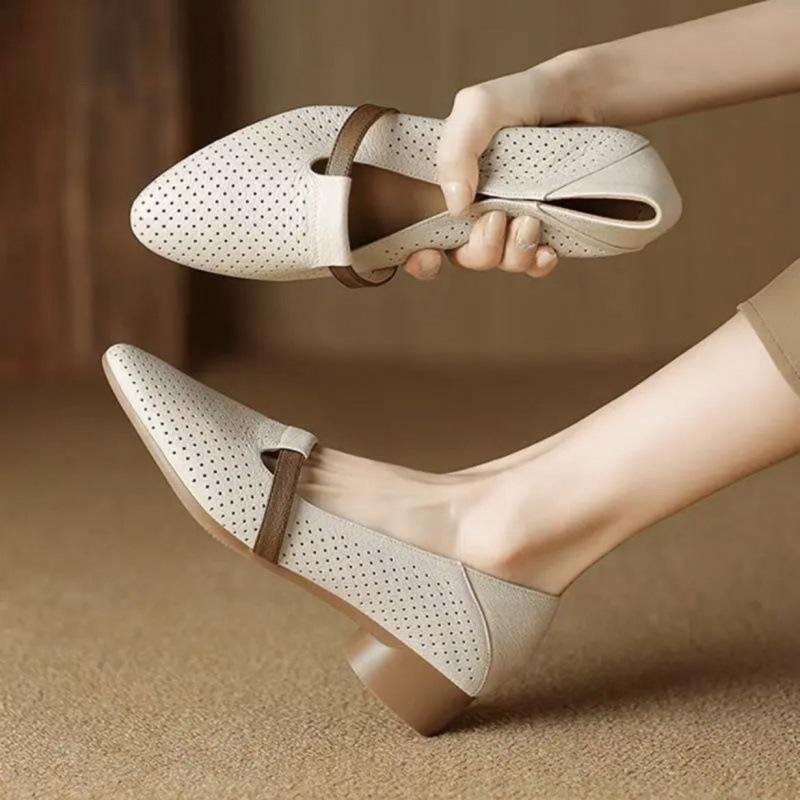 Soft Leather Hollowed-out Sandals, Women's Low-heeled Soft-soled Breathable Perforated Single Shoes