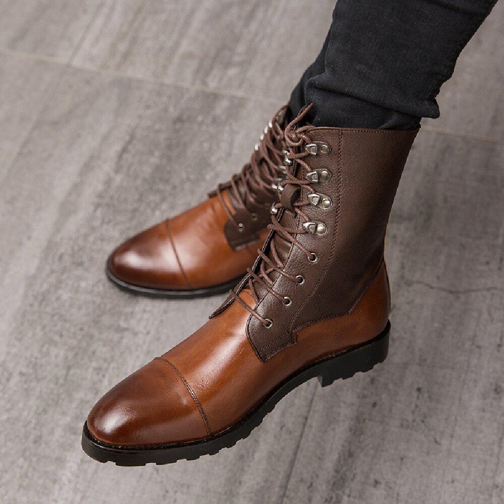 38-48 Denim Boots Men Brown Spliced High Cut Lace Up Business Fashionable High-quality Chelsea Boots Outdoor Training Boots