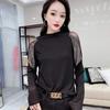 New Mesh Patchwork Diamond Long Sleeved Bottoming Shirt Spring Autumn Half High Neck T-shirt Top M-4XL