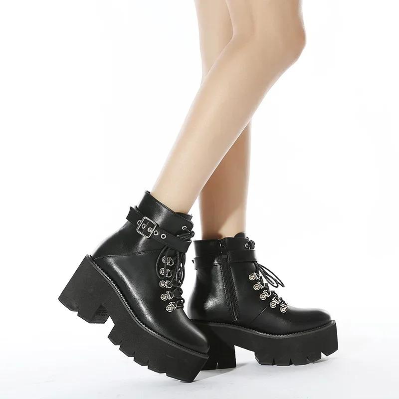 Fashion Platform Chunky Heels Autumn Fashion Cool Gothic Cosplay Boots Women Street Black Ankle Boots Shoes Buckle Strap Size 43