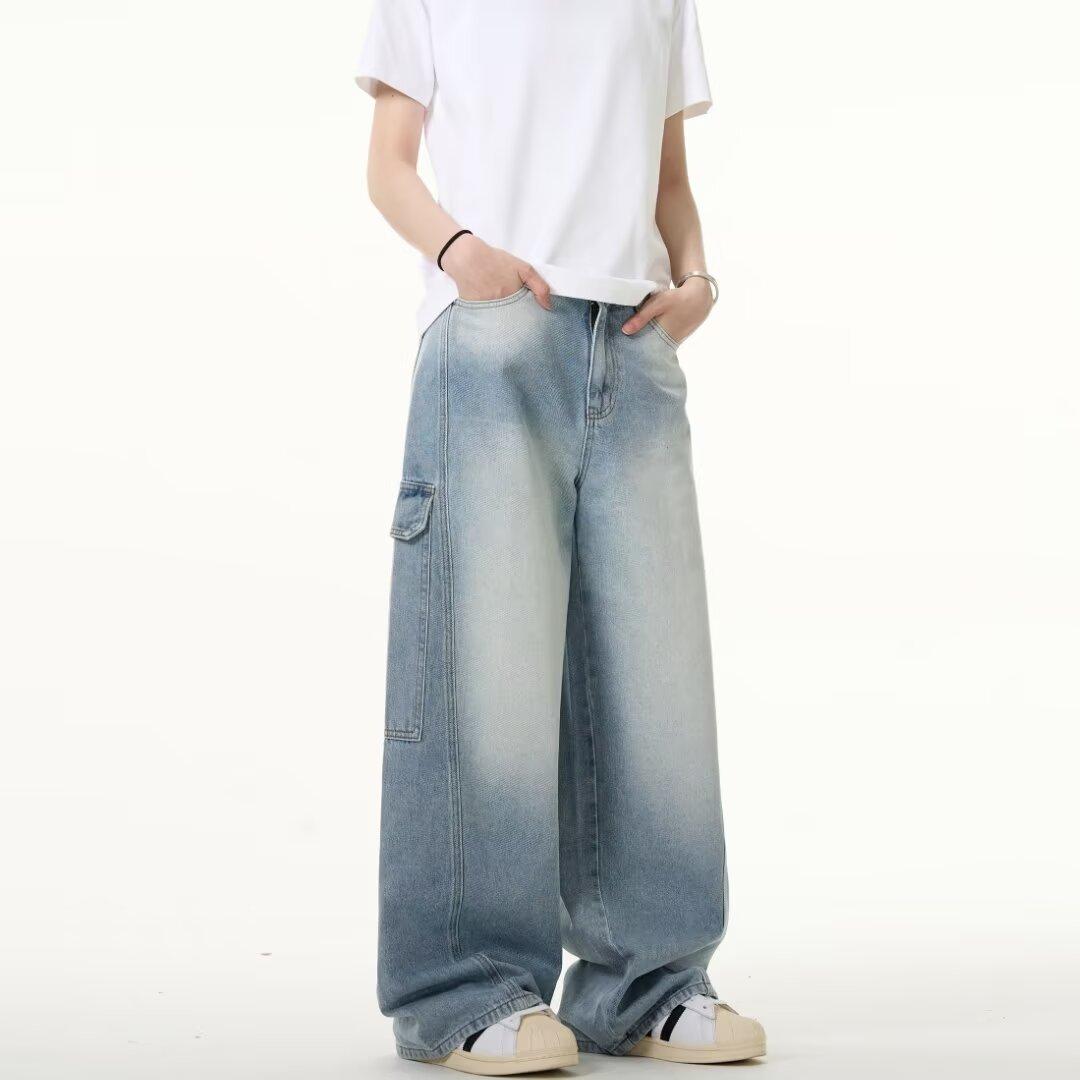 

Американские джинсы High Street мужские осенние трендовые брендовые свободные широкие прямые брюки с микроклешем 3XL светло-синий