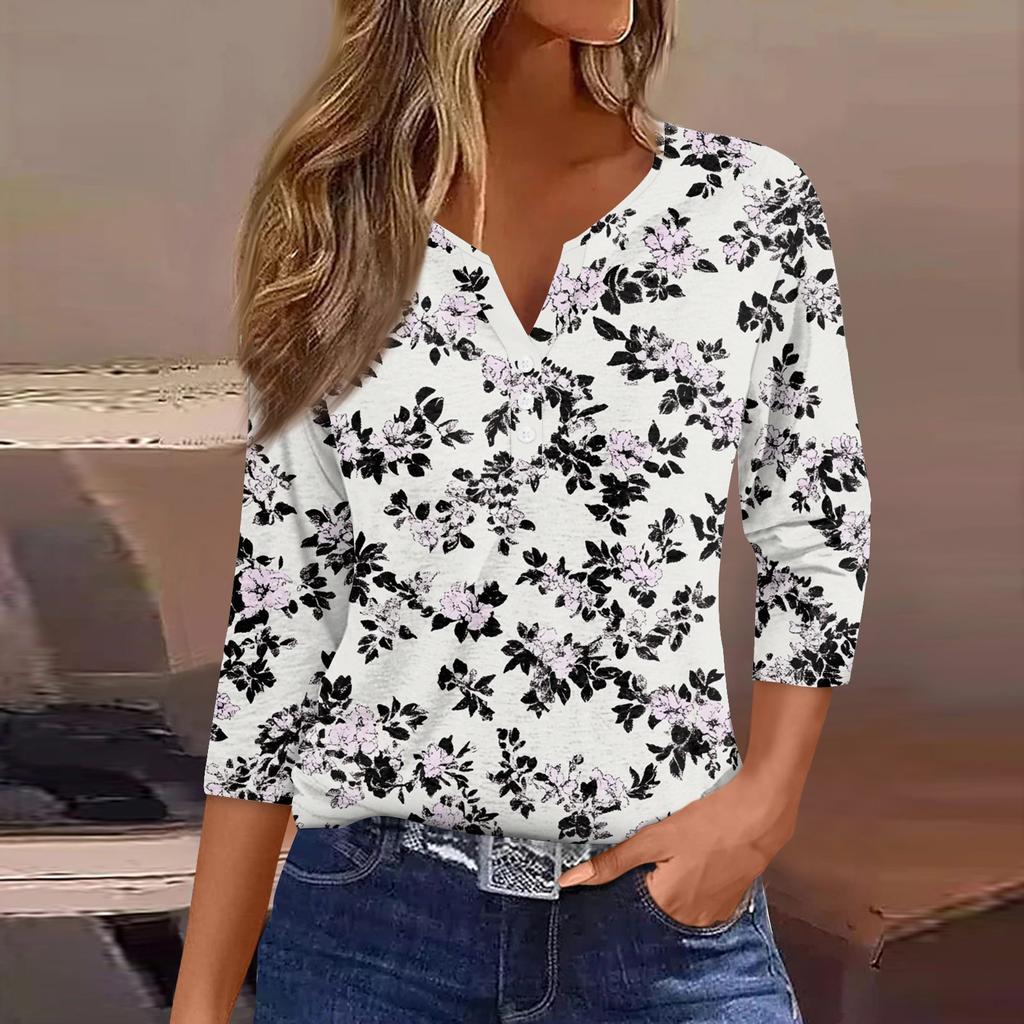 Damska koszulka z nadrukiem na guziki, rękaw 3/4, codzienna, weekendowa, modna, podstawowa, dekolt w serek, regularny top