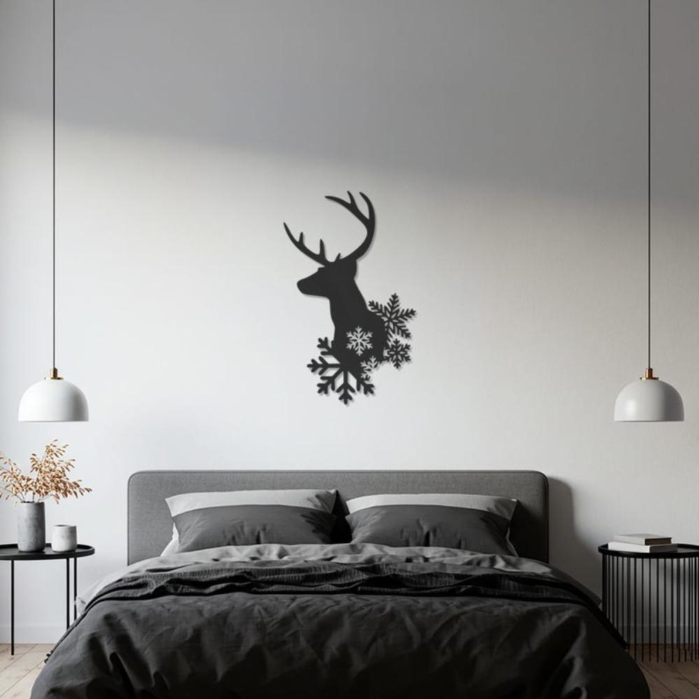 Black Steel Reindeer Head Wall Art, Nordic Christmas Snowflake Home Decor, Minimalist Metal Animal Silhouette
